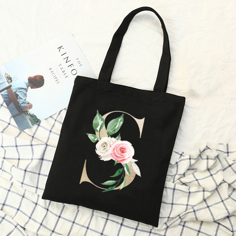 Flower Letter Font A~Z Canvas Tote Bag Women Casual Large-capacity Eco Flower Shopper Bag Harajuku Shoulder Bags Shopping Bag