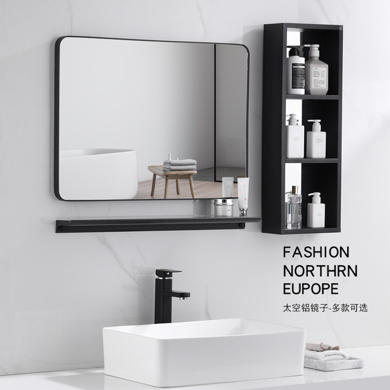 Nordic Light Luxury Bathroom Mirror with Shelf Cabinet Storage Toilet Washstand Free Punch Self-adhesive Makeup Wall Hanging Simple