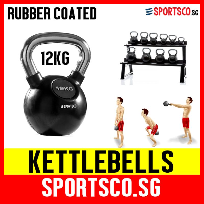 SPORTSCO 12KG Rubber Coated Kettlebell - Smooth Chrome Metal Handle - Alternative Weights Exercise to Dumbbells - Shipment from Singapore