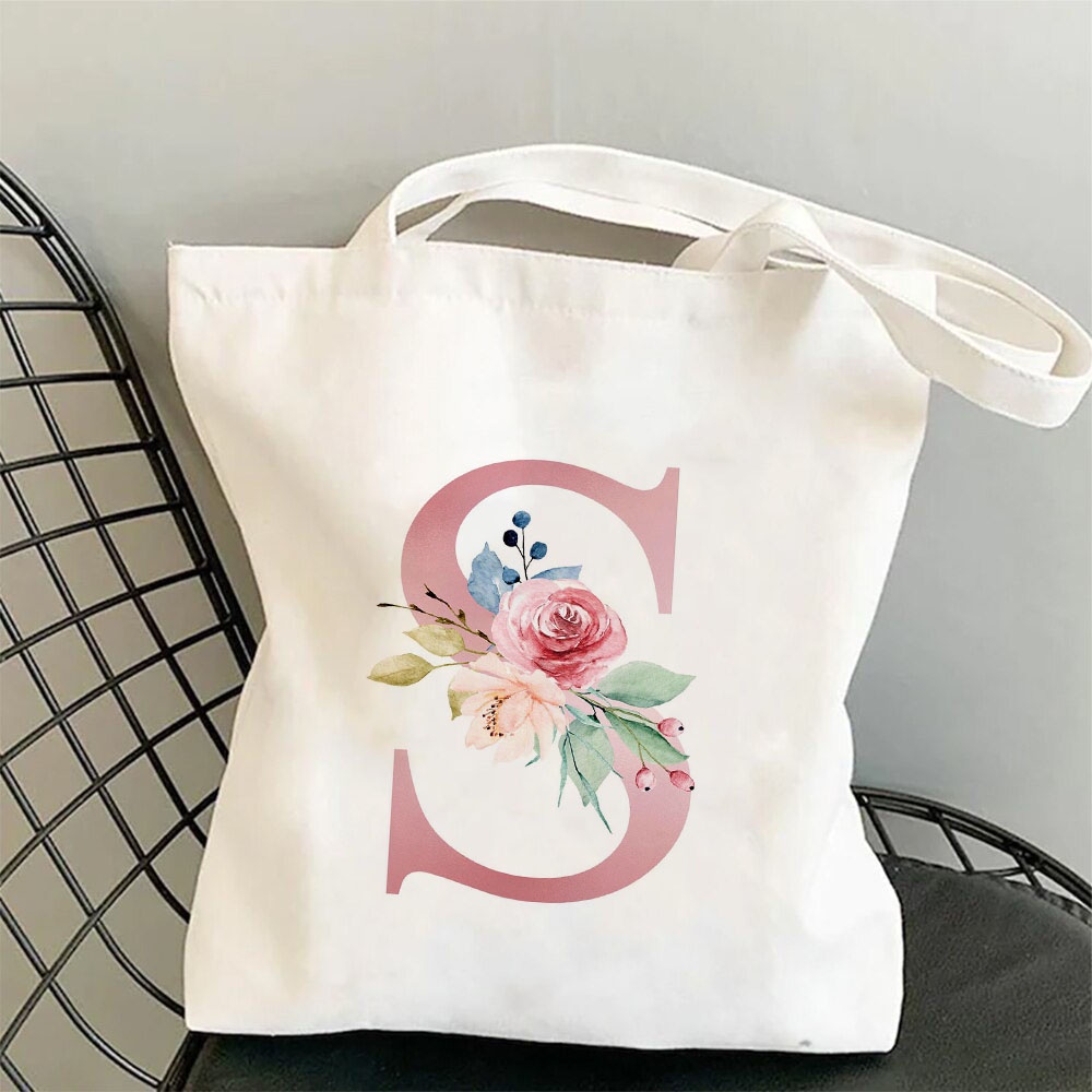 Flowers Alphabet A-Z Women Shopping Tote Bags Girls Canvas Large Capacity Student Casual Tote Letter Bags Gift